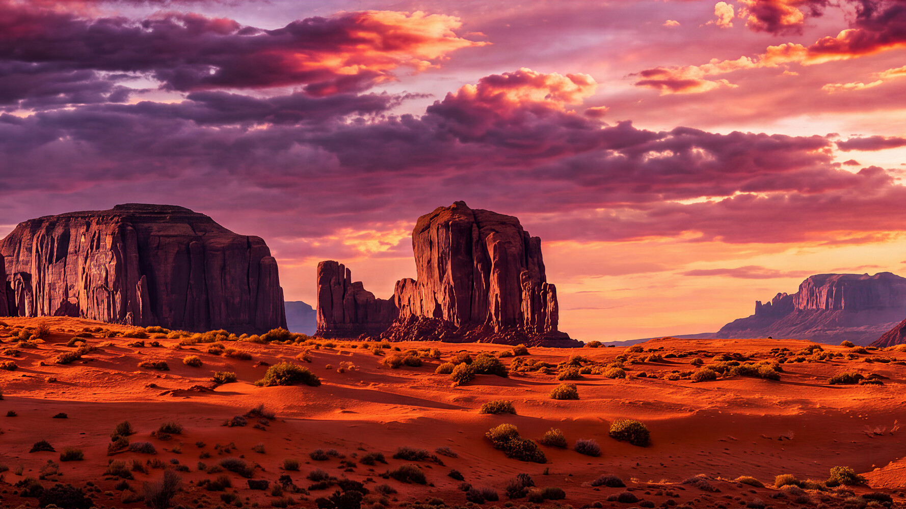 Desert Inferno - Monument Valley buttes beneath a fiery sunset sky - SLG Masterworks
