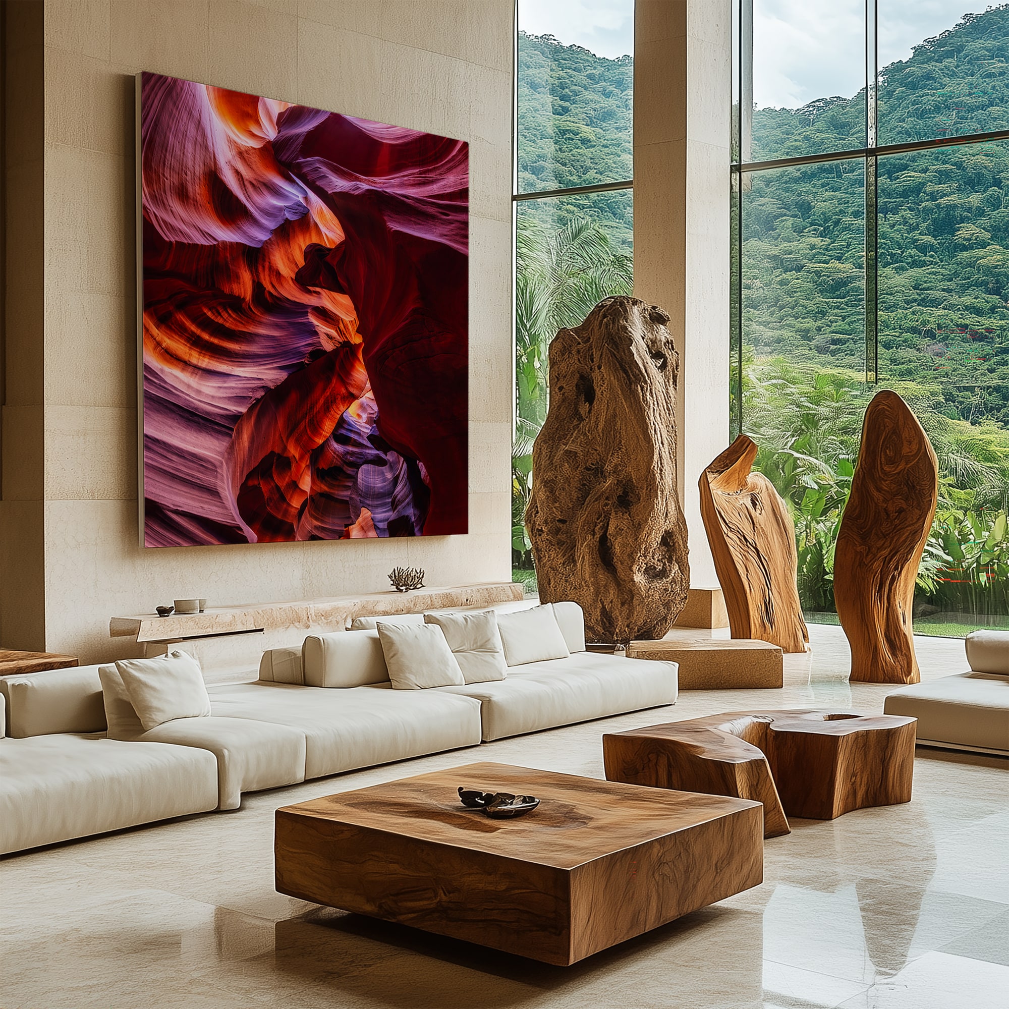 A large fine art photograph of a sandstone slot canyon hanging at true scale above a sofa in a bright living room