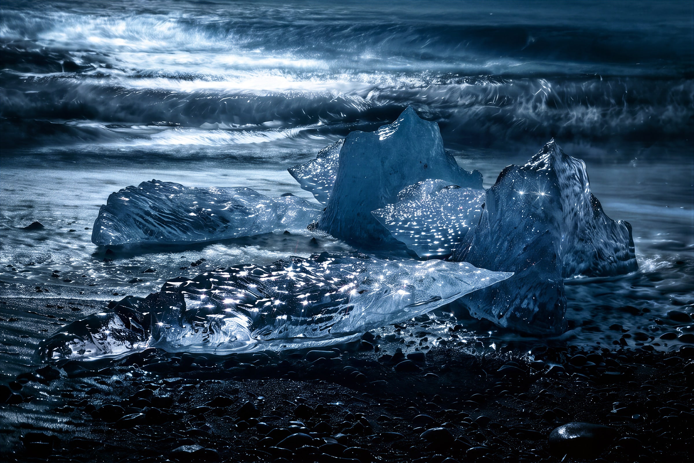 Fine art photograph of translucent sapphire-blue glacial ice sparkling on black volcanic sand at Diamond Beach, Iceland, with dramatic Atlantic waves behind it, by Sarah L. Glabman.